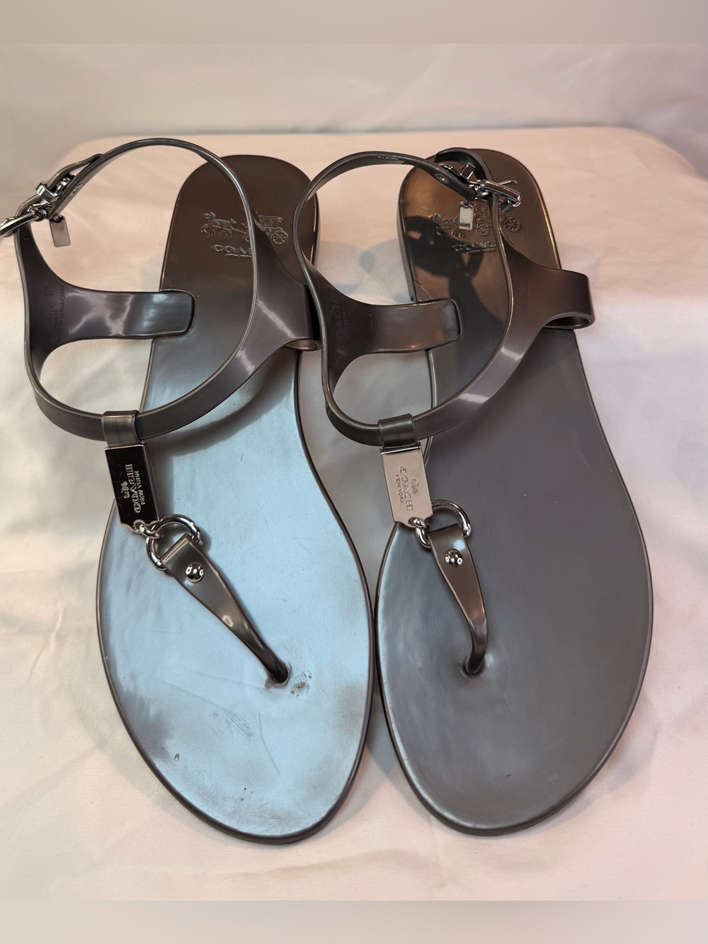 Authentic Coach Plato Jelly T-Strap Sandals - Gunmetal Grey (Size 7B / EUR 37)
